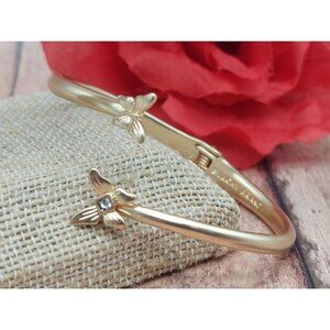Lucky Brand Brushed Gold Tone Cuff  Bangle Bracelet Hinged Butterflies Crystal